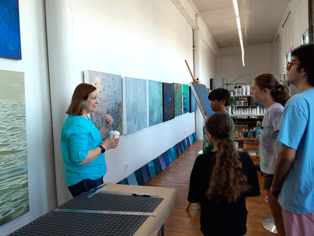Teen art class from Catherine Carter Art School visits award-winning painter and author Heather Stivison in her studio at Hatch Street Studios in New Bedford. 