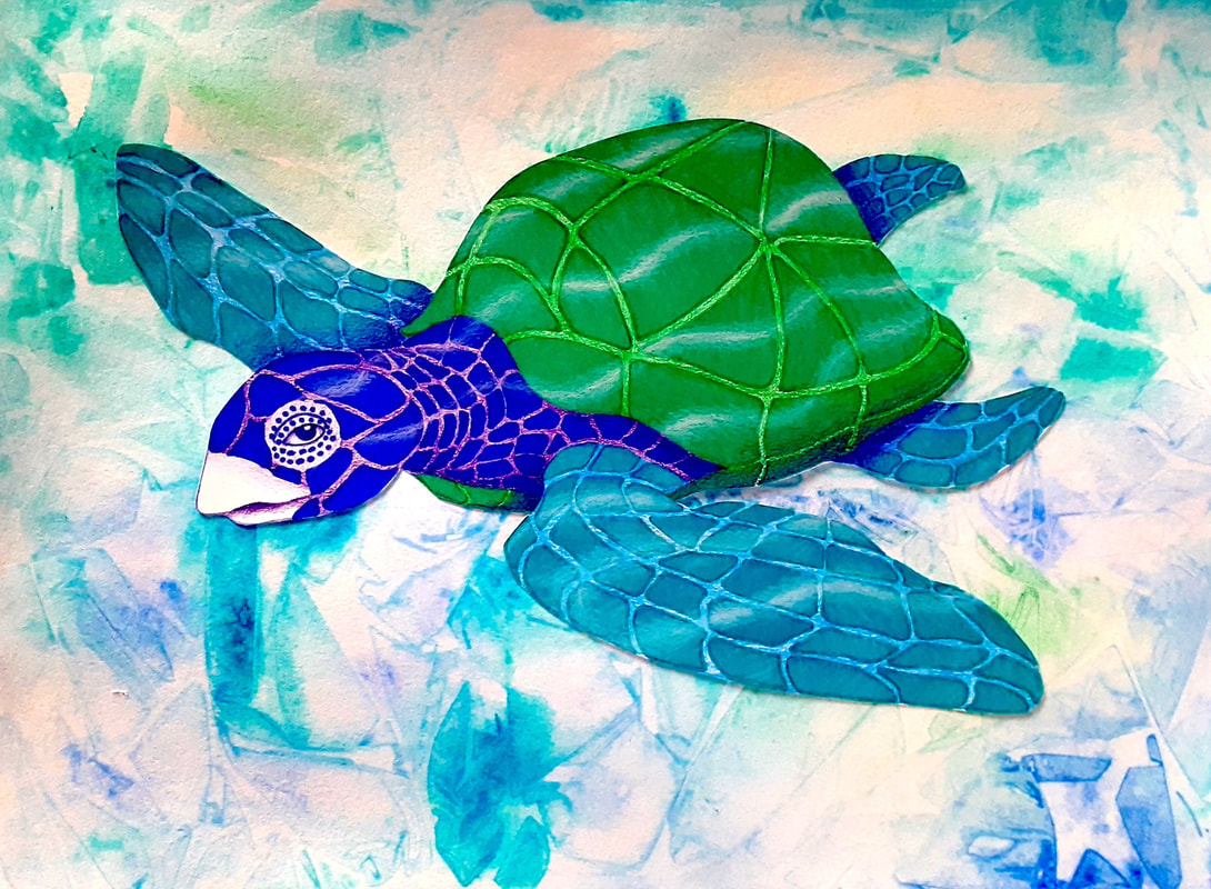 Mixed media sea turtle art project for children's art classes at Catherine Carter Art School in New Bedford.