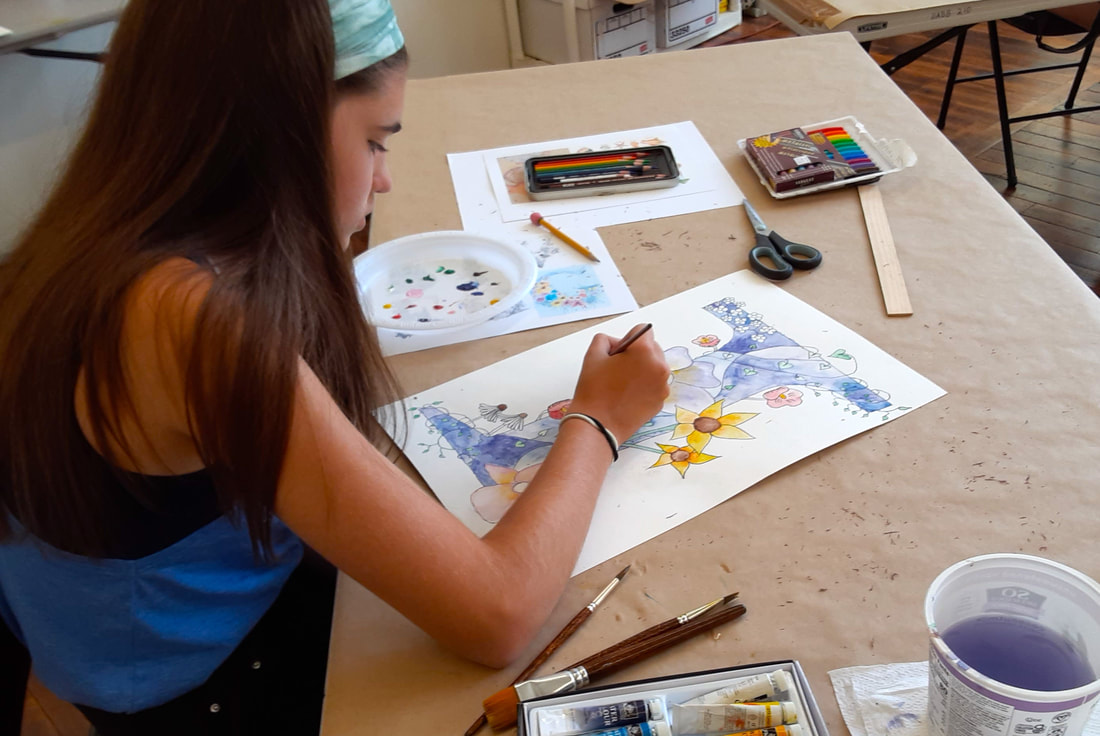 Student creating a watercolor painting during a teen class during Summer Art Camp at Catherine Carter Art School in New Bedford, Massachusetts.